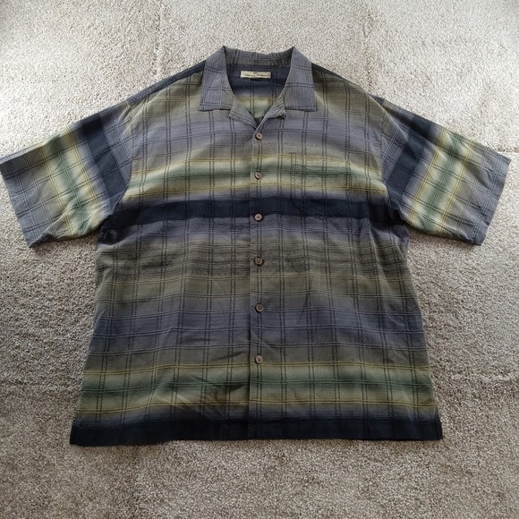 Tommy Bahama Shirt Mens XL Blue Green Graident Check Woven‎ 100% Silk Hawaiian - Picture 1 of 6